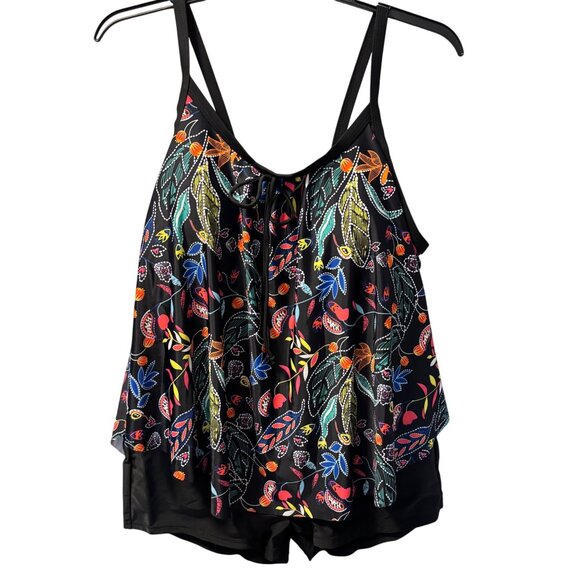 Womens 2-Piece Floral Tankini Set Sz 3XL Black Multicolor Polyester & Elastane S - Picture 1 of 12